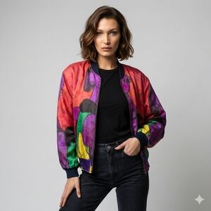 Vintage 90s Pablo Picasso abstract print bomber jacket, made of a silk